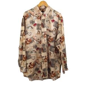 R Nautica Men's Outdoor Travel Stamp Print Long Sleeve Button Down Shirt Size XL